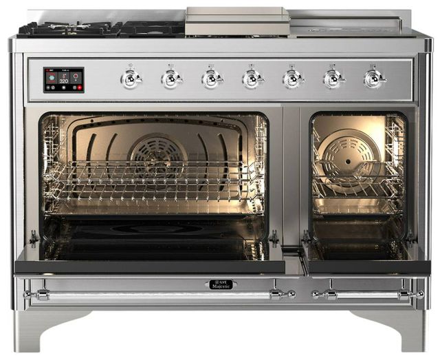 Ilve® Majestic III 48" Stainless Steel Pro Style Dual Fuel Natural Gas Range with Triple Glass Door and Chrome Trim-1