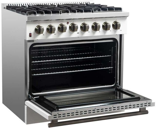 FORNO® Galiano 36" Stainless Steel Pro Style Dual Fuel Range with White Door with Antique Brass Accents-5
