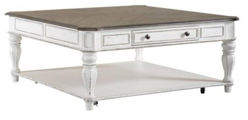 Liberty Furniture Magnolia Manor Antique White Oversized Square Cocktail Table with Weathered Bark Top