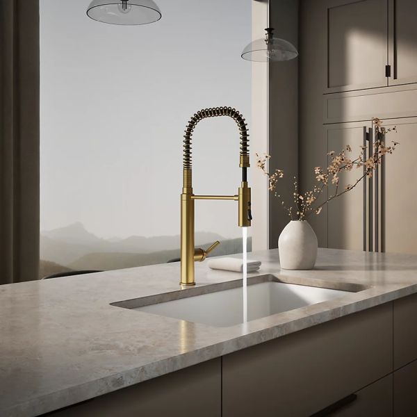 KOHLER® Purist® Vibrant Brushed Moderne Brass Semi-Professional Kitchen Sink Faucet with 3-Function Sprayhead-2