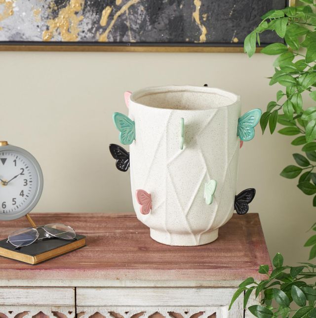 Deco Marche CosmoLiving by Cosmopolitan White 12" Butterfly Wide Decorative Vase with Multicolor Accents-3