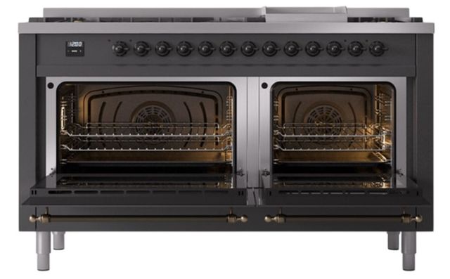 Ilve® Nostalgie II Noblesse 60'' Graphite Matte Pro Style Dual Fuel Range with Burnished Trim-1