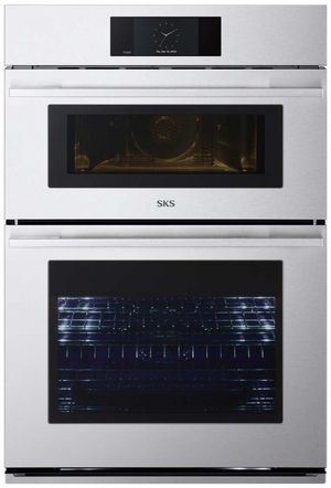 Front view of the Signature Kitchen Suite 30" Satin Stainless Steel Oven/Microwave Combo Electric Wall Oven