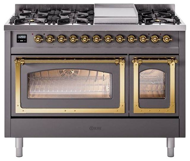 Ilve® Nostalgie II Noblesse 48'' Graphite Matte Pro Style Dual Fuel Range with Brass Trim-0