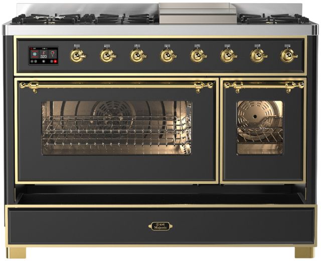 Ilve® Majestic III 48" Graphite Matte Pro Style Dual Fuel Liquid Propane Range with Triple Glass Door and Brass Trim-0