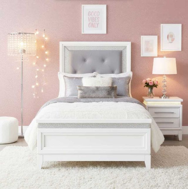 Liberty Furniture Reflections Gray/Pearl White/Rhinestone Twin Youth Upholstered Panel Bed-1