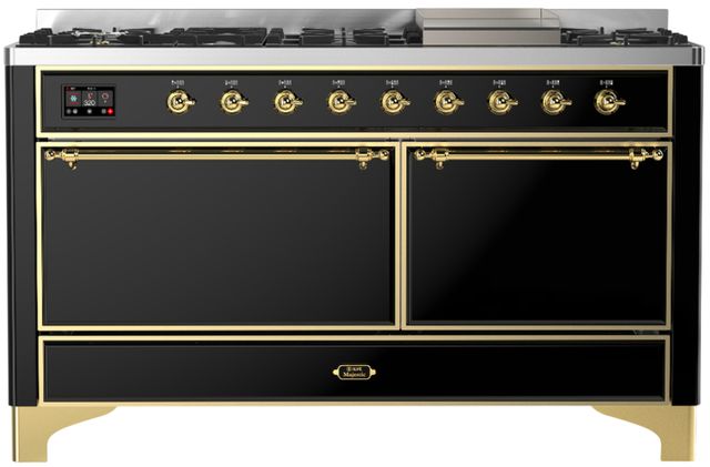 Ilve® Majestic III 60" Glossy Black Pro Style Dual Fuel Natural Gas Range with Solid Door and Brass Trim-0