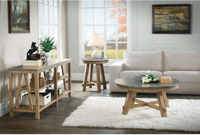 Riverside Furniture Weatherford Bluestone Round Side Table with Reclaimed Natural Pine Base-2