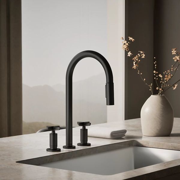 KOHLER® Billet® Matte Black Kitchen Sink Faucet with 2-Function Sprayhead and Cross Handles-1