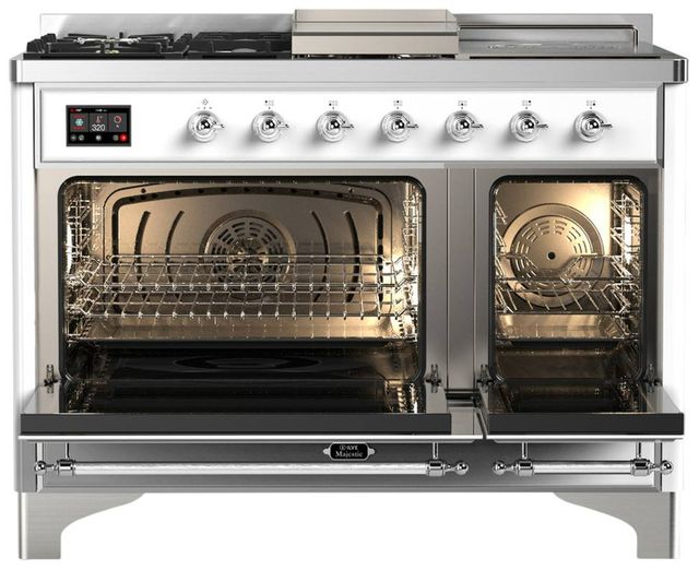 Ilve® Majestic III 48" White Pro Style Dual Fuel Liquid Propane Range with Solid Door and Chrome Trim-1