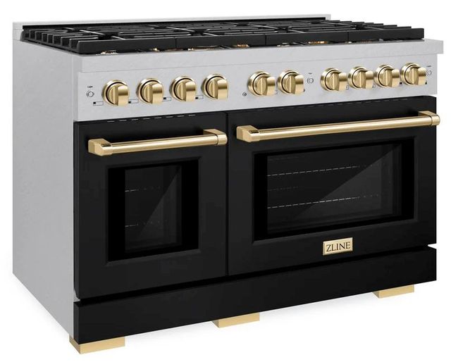ZLINE Autograph Edition Paramount 48" Satin Stainless Steel Pro Style Dual Fuel Range with Black Matte Door and Polished Gold Accents-2