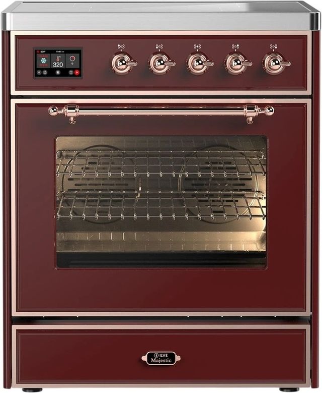 Ilve® Majestic III 30" Burgundy Pro Style Induction Range with Triple Glass Door and Copper Trim-0