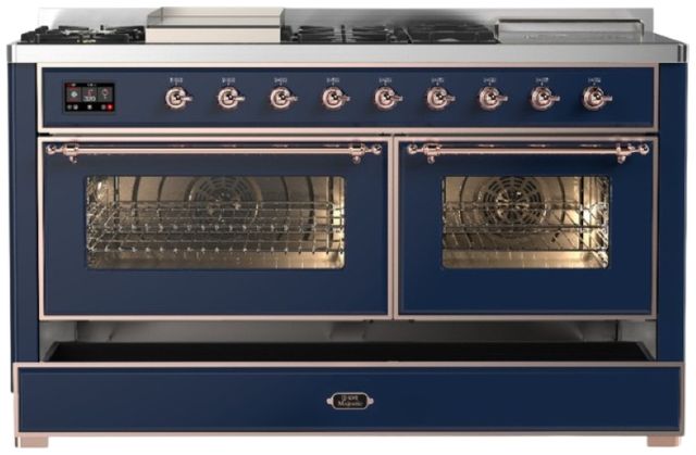 Ilve® Majestic III 60" Midnight Blue Pro Style Dual Fuel Liquid Propane Range with French Top and Copper Trim-2