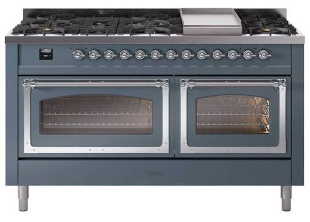 Ilve® Nostalgie II Noblesse 60'' Blue Gray Pro Style Dual Fuel Range with Chrome Trim-0