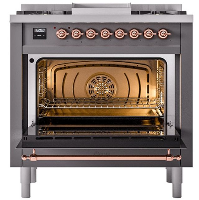 Ilve® Nostalgie II Noblesse 36'' Graphite Matte Pro Style Dual Fuel Range with Copper Trim-2
