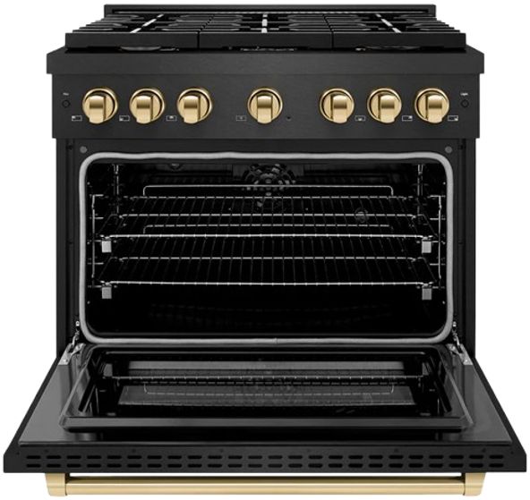 ZLINE Autograph Edition Paramount 36" 5.2 cu. ft. Black Satin Stainless Steel Dual Fuel Range with Polished Gold Accent-1