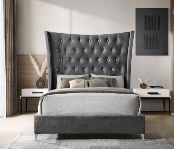 Milton Greens Stars Dark Gray Queen Wing Back Tufted Headboard Platform Bed-1