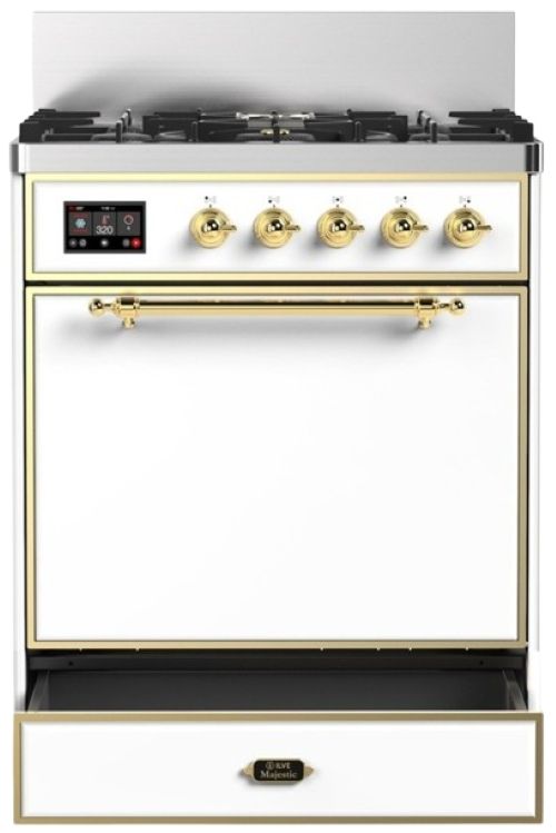 Ilve® Majestic III 30" White Pro Style Dual Fuel Natural Gas Range with Solid Door and Brass Trim-2
