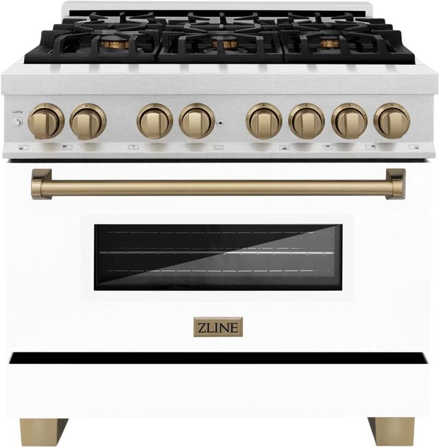 ZLINE Legacy Autograph Edition 36" Satin Stainless Steel Pro Style Dual Fuel Range with White Matte Door and Champagne Bronze Accents-0