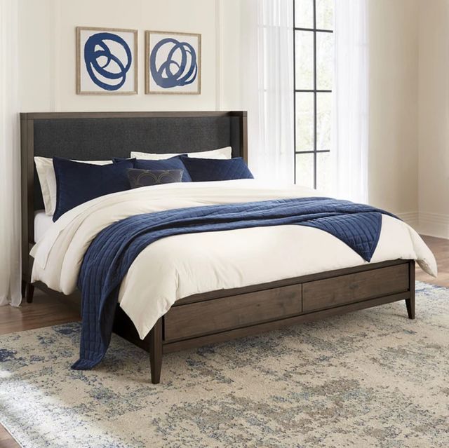 Modus Furniture Boracay Black Pepper/Wild Oats Brown King Upholstered Wingback Storage Bed-1