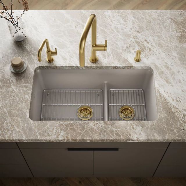 KOHLER® Cairn® Matte Taupe Smart Divide® 34" Undermount Double-Bowl Kitchen Sink-1