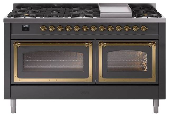 Ilve® Nostalgie II Noblesse 60'' Graphite Matte Pro Style Dual Fuel Range with Brass Trim-0