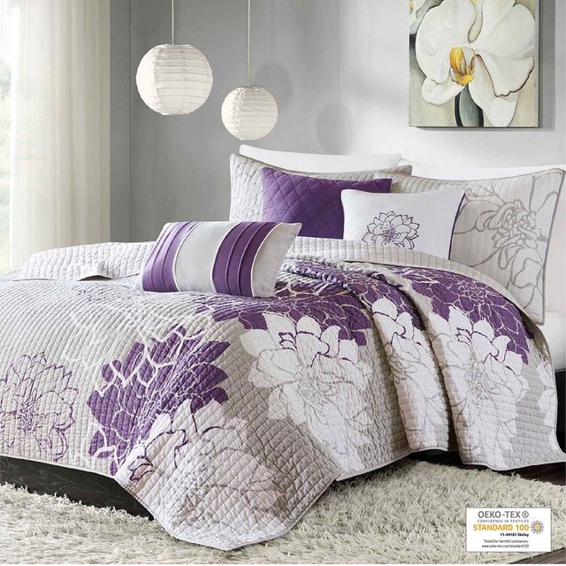 Olliix by Madison Park 6 Piece Purple Full/Queen Lola Reversible Cotton Printed Coverlet Set-0