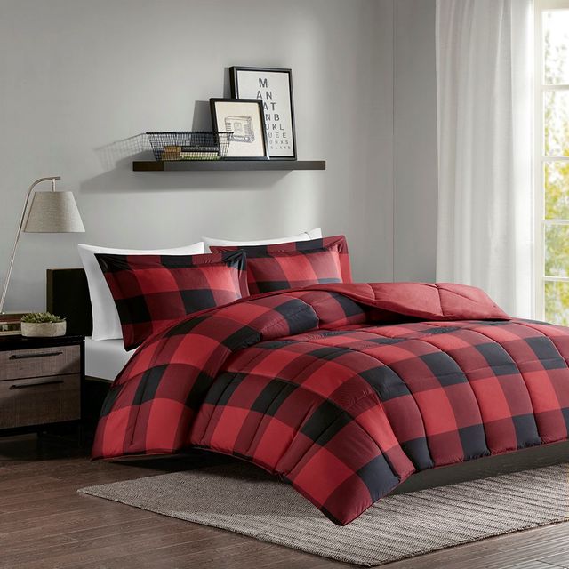 Olliix by Madison Park Essentials Barrett Red/Black Full/Queen 3M Scotchgard Down Alt Comforter Mini Set-1
