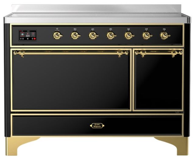 Ilve® Majestic III 48" Glossy Black Pro Style Induction Range with Solid Door and Brass Trim-0
