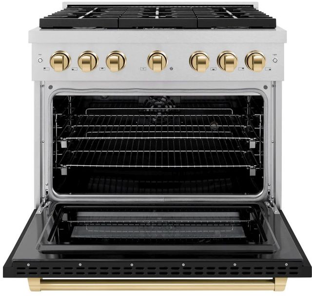 ZLINE Autograph Edition Paramount 36" Satin Stainless Steel Pro Style Dual Fuel Range with Black Matte Door and Polished Gold Accents-1