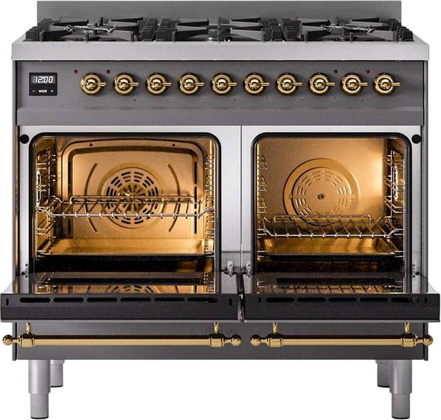 Ilve® Nostalgie II 40" Graphite Matte Pro Style Dual Fuel Range with Brass Trim-1
