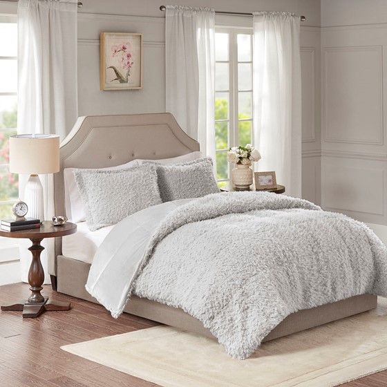 Olliix by Madison Park Nova Grey Full/Queen Faux Mohair Reverse Faux Mink Comforter Set-4