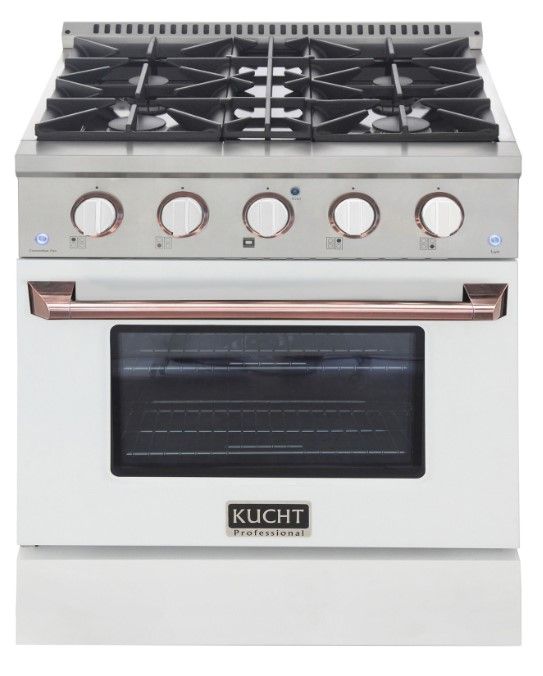 Kucht Professional KDF Series 30" Stainless Steel Pro Style Dual Fuel Range with White Door and Rose Gold Handle-0
