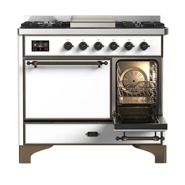 Ilve® Majestic III 40" White Pro Style Dual Fuel Liquid Propane Range with Solid Door and Burnished Trim-3