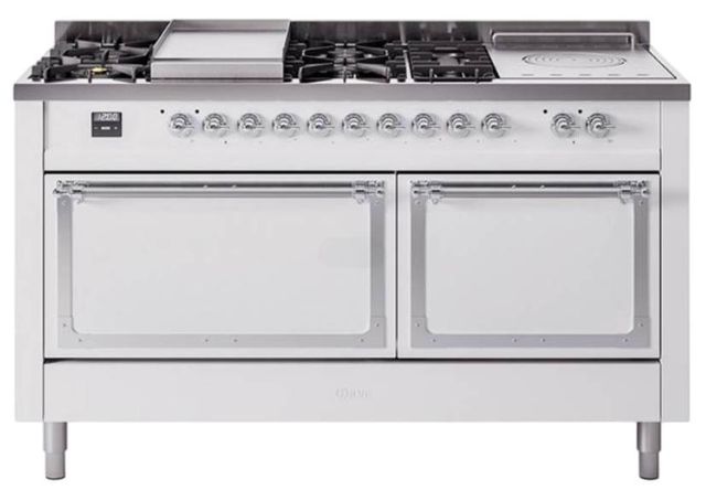 Ilve® Nostalgie II Noblesse 60'' White Pro Style Dual Fuel Range with Chrome Trim-0