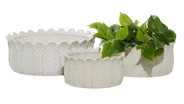 Deco Marche 3-Piece White Ceramic Leaf Planter Set-0
