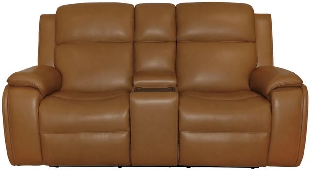 Flexsteel® Ziggy Camel Leather Power Reclining Loveseat with Console, Power Headrest and Lumbar-3