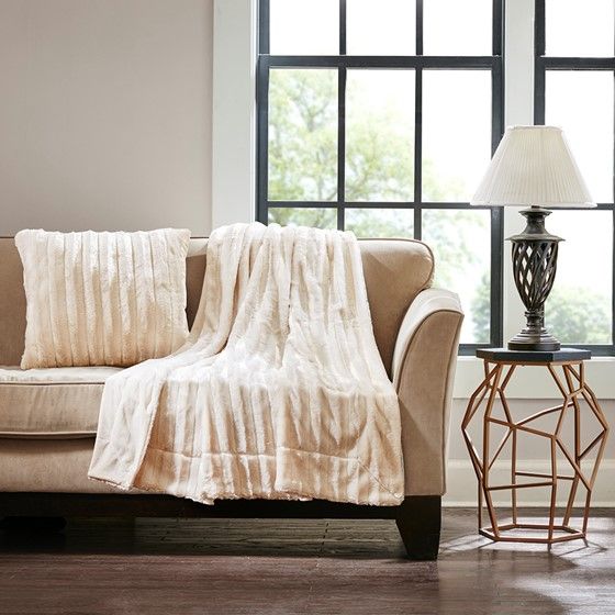 Olliix by Madison Park Duke Ivory 20x20" Polyester Brushed Solid Stripe Plaited Long Fur Square Pillow-1