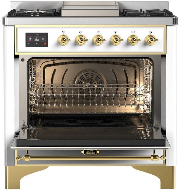 Ilve® Majestic III 36'' White Pro Style Dual Fuel Natural Gas Range with Triple Glass Door and Brass Trim-2