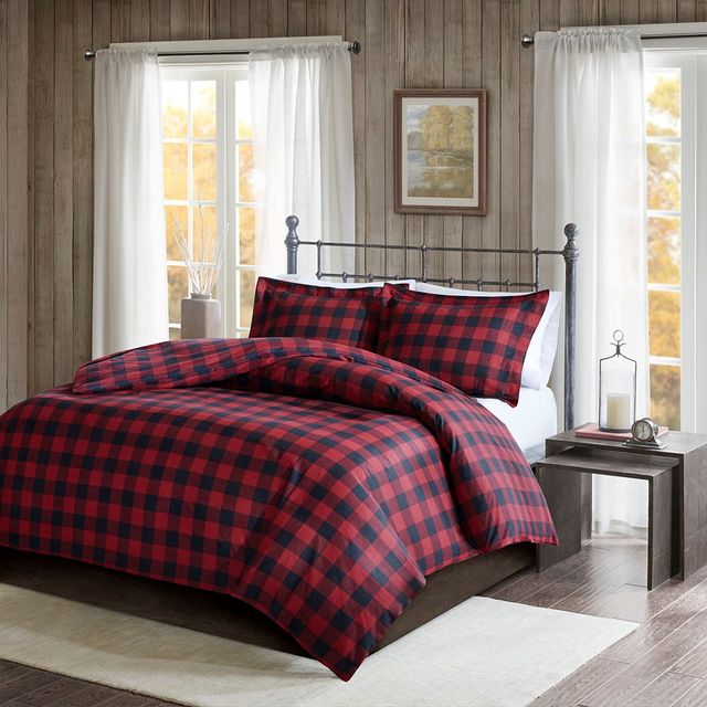 Olliix by Woolrich Black and Red King/California King Flannel Check Print Cotton Duvet Cover Set-0