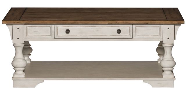 Liberty Furniture Morgan Creek Wirebrushed Tobacco 52" Cocktail Table with Antique White Base-2