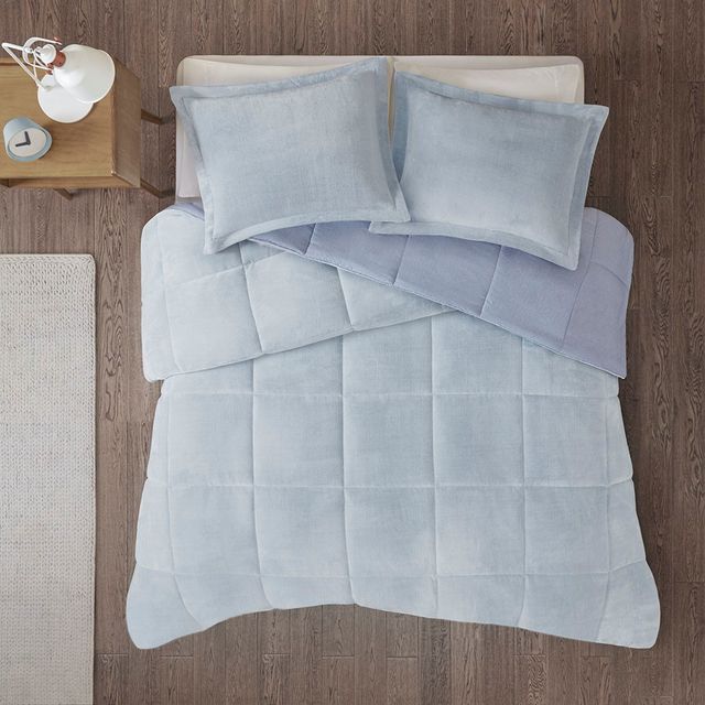 Olliix by Intelligent Design Carson Blue Twin/Twin XL Reversible Plush to Heathered Micofiber Comforter Set-1