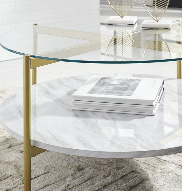 Signature Design by Ashley® Wynora Glass Top Round Coffee Table with Gold Legs and Marble Shelve -3