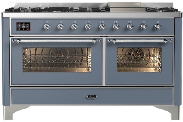 Ilve® Majestic III 60" Blue Gray Pro Style Dual Fuel Liquid Propane Range with Triple Glass Door and Chrome Trim-0