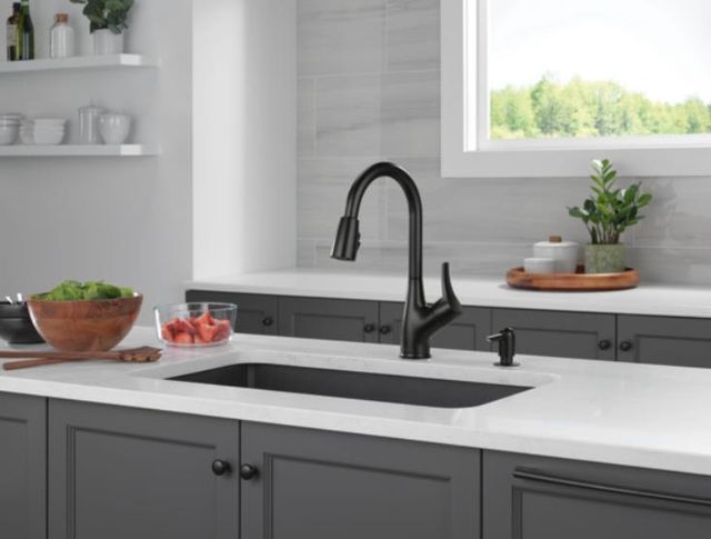 Peerless Retail Channel Product Matte Black Single Handle Pull-Down Kitchen Faucet with Soap Dispenser-1