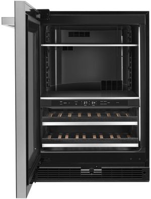 Front view of the opened JennAir® NOIR™ 24" Black Built-In Beverage Center