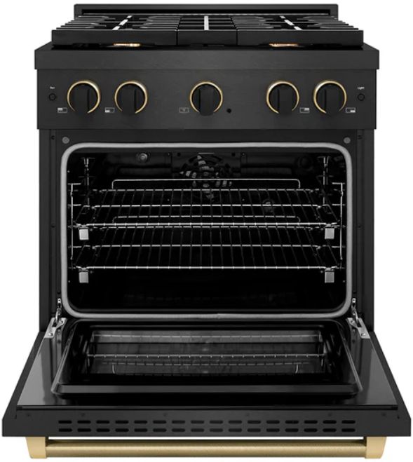 ZLINE Designer Collection Paramount 30" 4.2 cu. ft. Black Satin Stainless Steel  Dual Fuel Range with 4 Burner Gas Cooktop and Electric Convection Oven with Champagne Bronze/Matte Black Accents-1