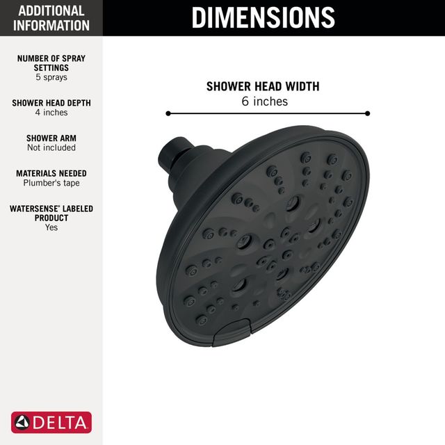 Delta Universal Showering Matte Black H2Okinetic® 5-Setting Traditional Raincan Shower Head-3