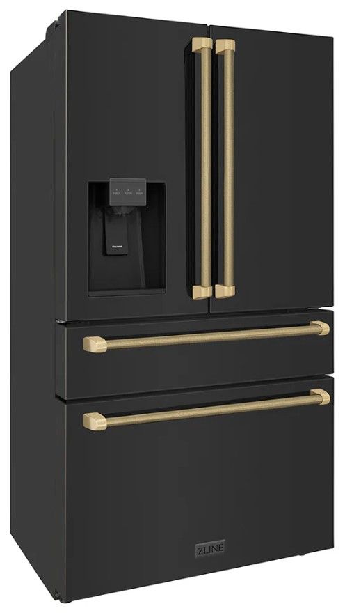 ZLINE Autograph Edition 36" 21.6 Cu. Ft. Black Stainless Steel Counter-Depth French Door Refrigerator with Water and Ice Maker in Fingerprint-Resistant and Champagne Bronze Helix Handles-2