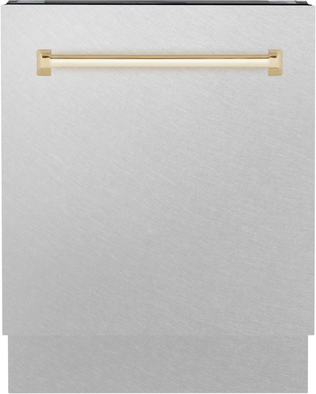 ZLINE Autograph Edition 24" Satin Stainless Steel Built In Dishwasher with Polished Gold Handle-0